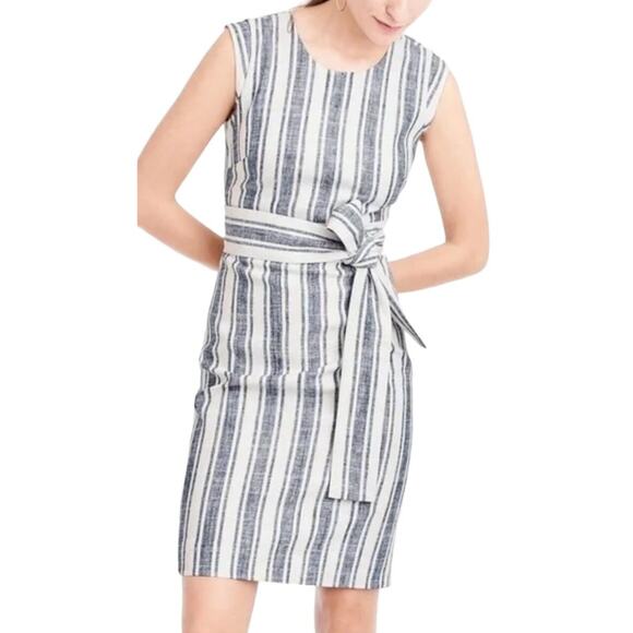 NWT J.Crew Blue White Stripe Tie Waist Sheath Dress Size 00 Linen Blend - Picture 7 of 7